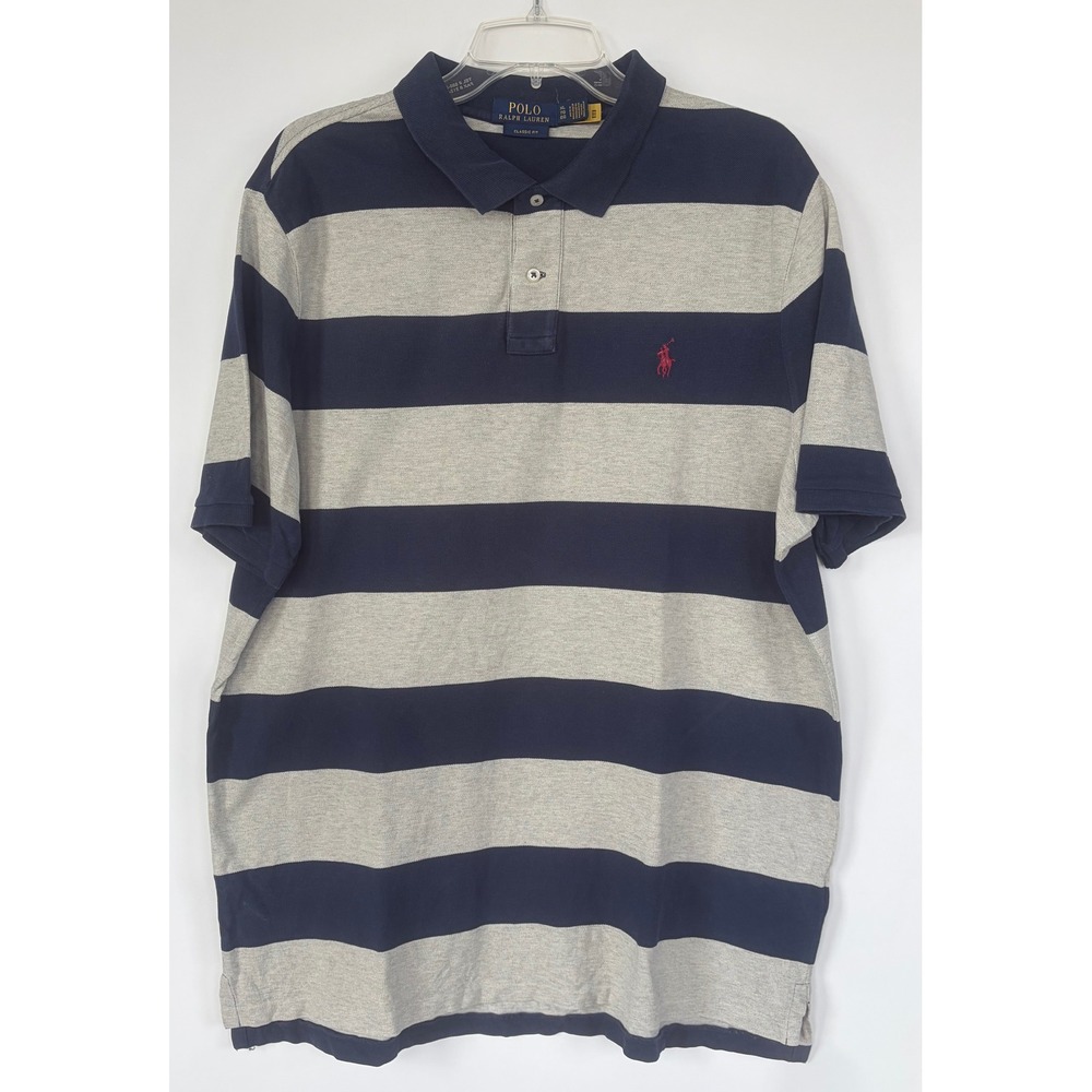 Polo Ralph Lauren Mens XL Classic Fit Stripedβ Polo Shirt Navy Gray Red Pony